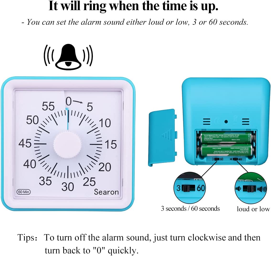 Visual Timer for Kids with Autism 3.07" Square 60 Minute Countdown Analog Timer